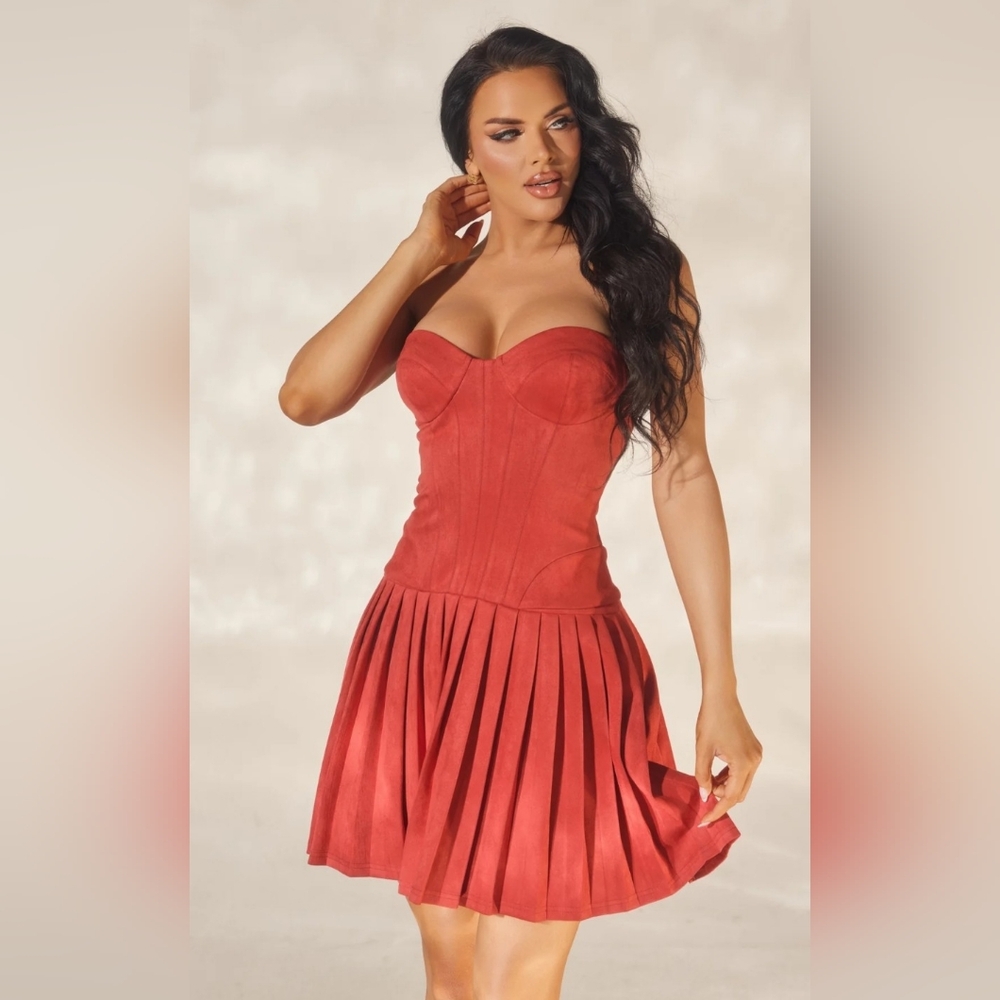 Red Corset Suede Mini Dress - Picture 5 of 6